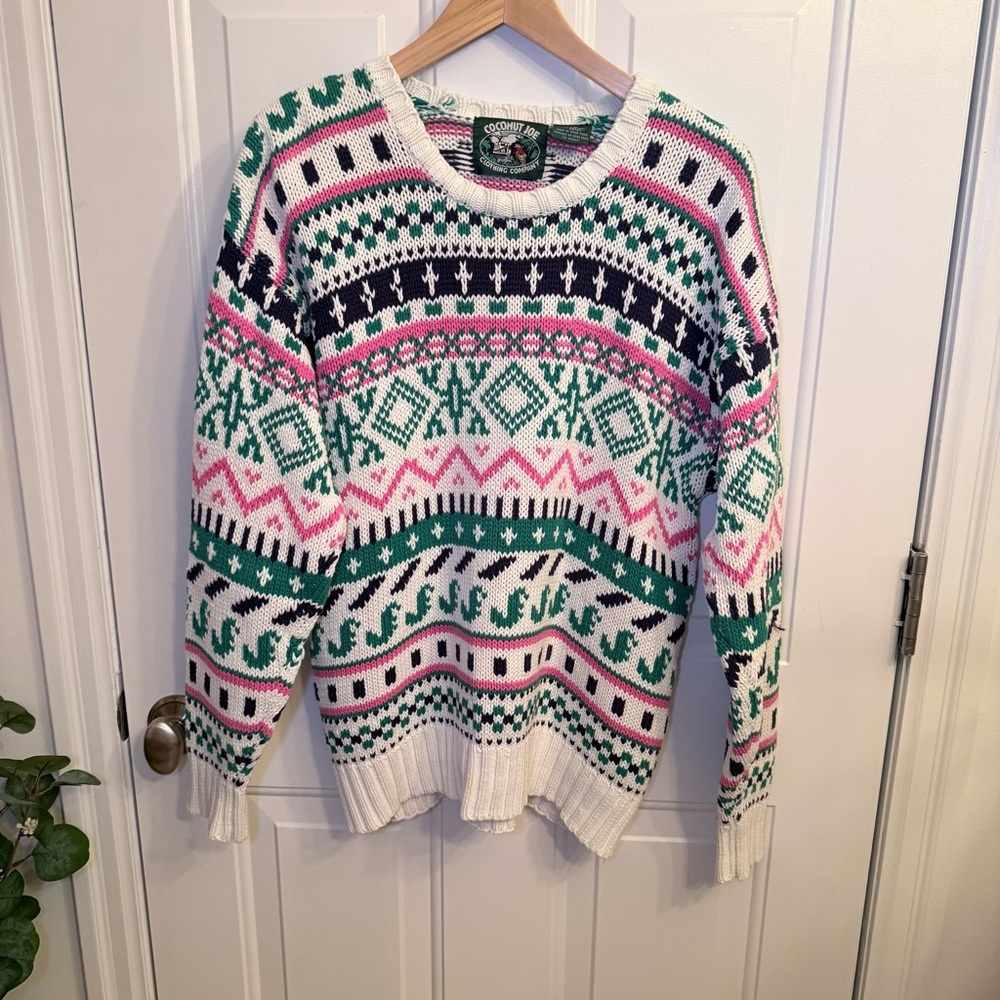 Vintage Geometric Knit Sweater - Green, Pink, White